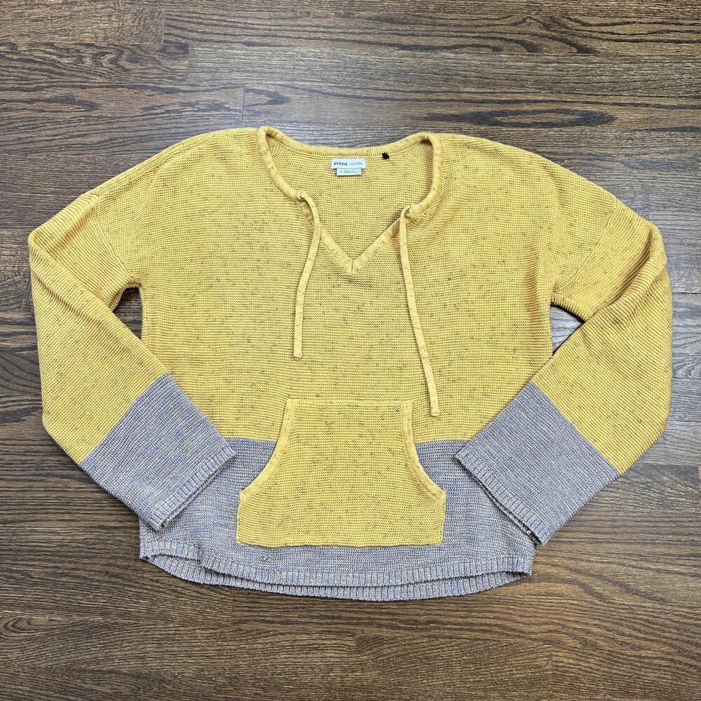 PrAna Sweater Womens Large Yellow Gray Knit V Neck‎ Pullover Kangaroo Pocket